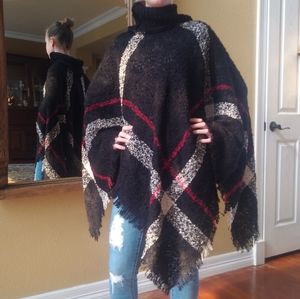 NEW Black Plaid Poncho Cape Turtle neck